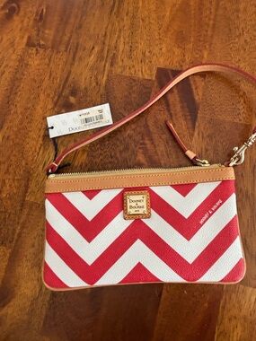 Dooney & Bourke Red and White Chevron Wristlet with Tan Trim